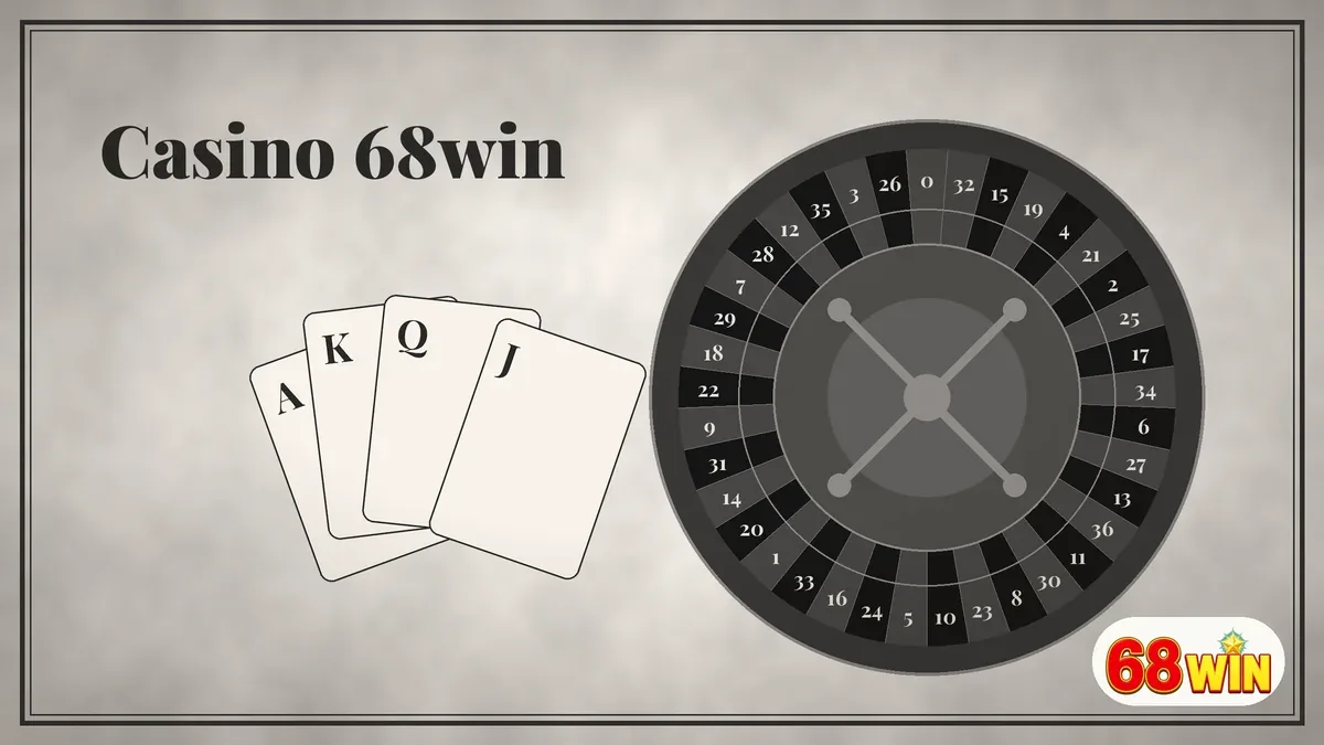 Casino 68win với bài lá và vòng quay roulette tông xám