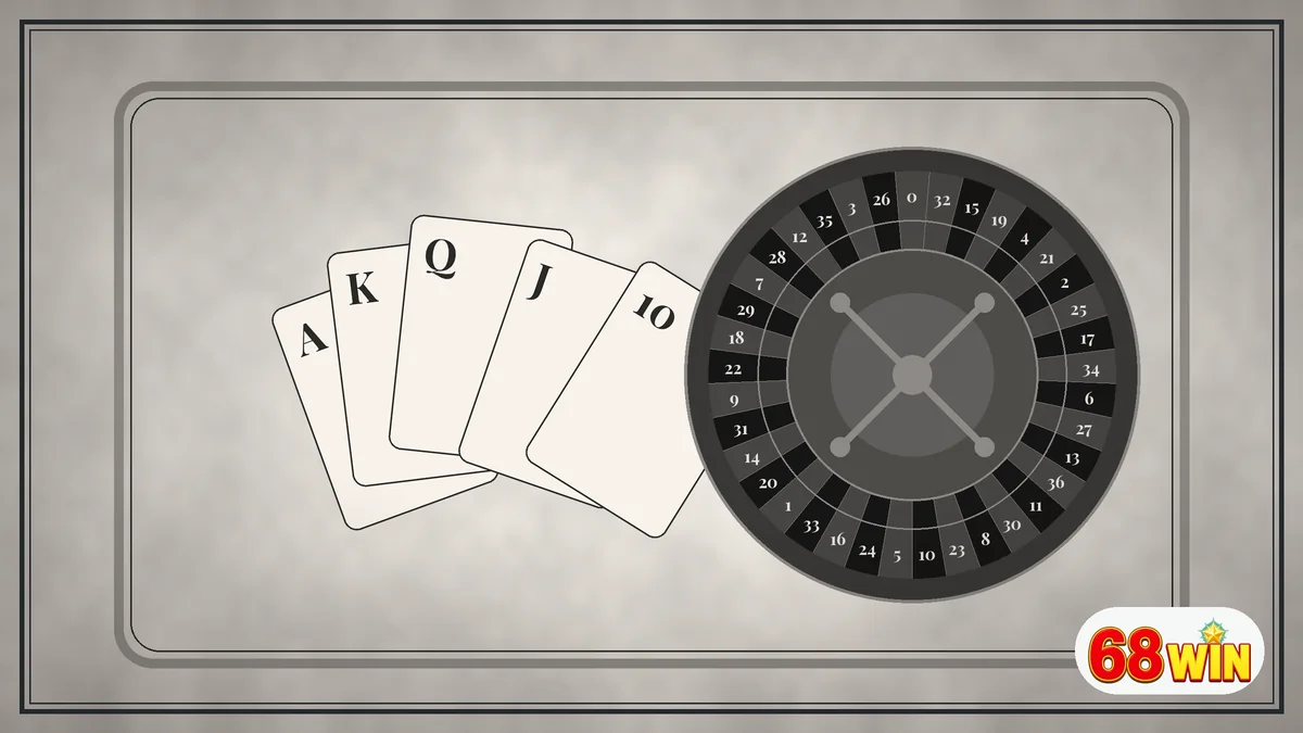 Bài lá xếp quạt và bánh roulette trong khung xám