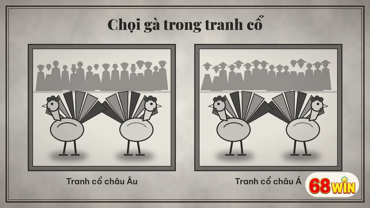 Hai bức tranh cổ châu Âu và châu Á vẽ gà trống đứng yên trước đám đông người xem