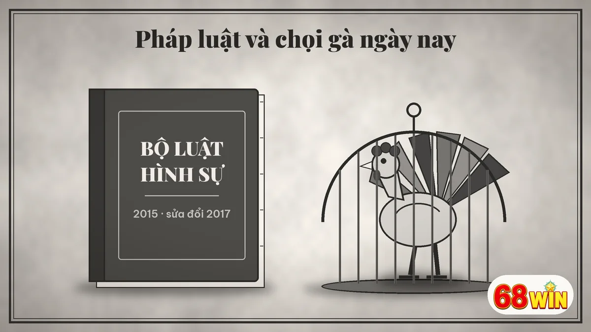 Cuốn Bộ luật Hình sự bìa cứng đặt cạnh chiếc lồng tre có gà trống